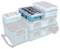 'Makita toolboxes stacked with one highlighted case containing adjustable compartments for organizing small items.'