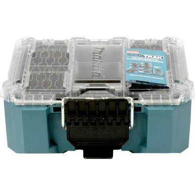 'Makpac' case in teal with clear lid and black latch, featuring a label promoting a modular storage system and customizable partitions.