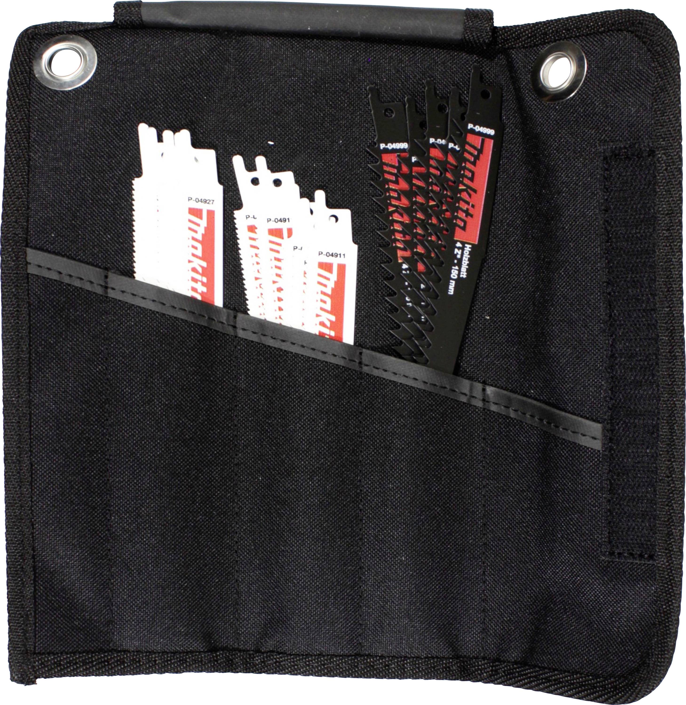 A black fabric case holding various Makita saw blades, including three white and two black blades, each with different tooth patterns for cutting.