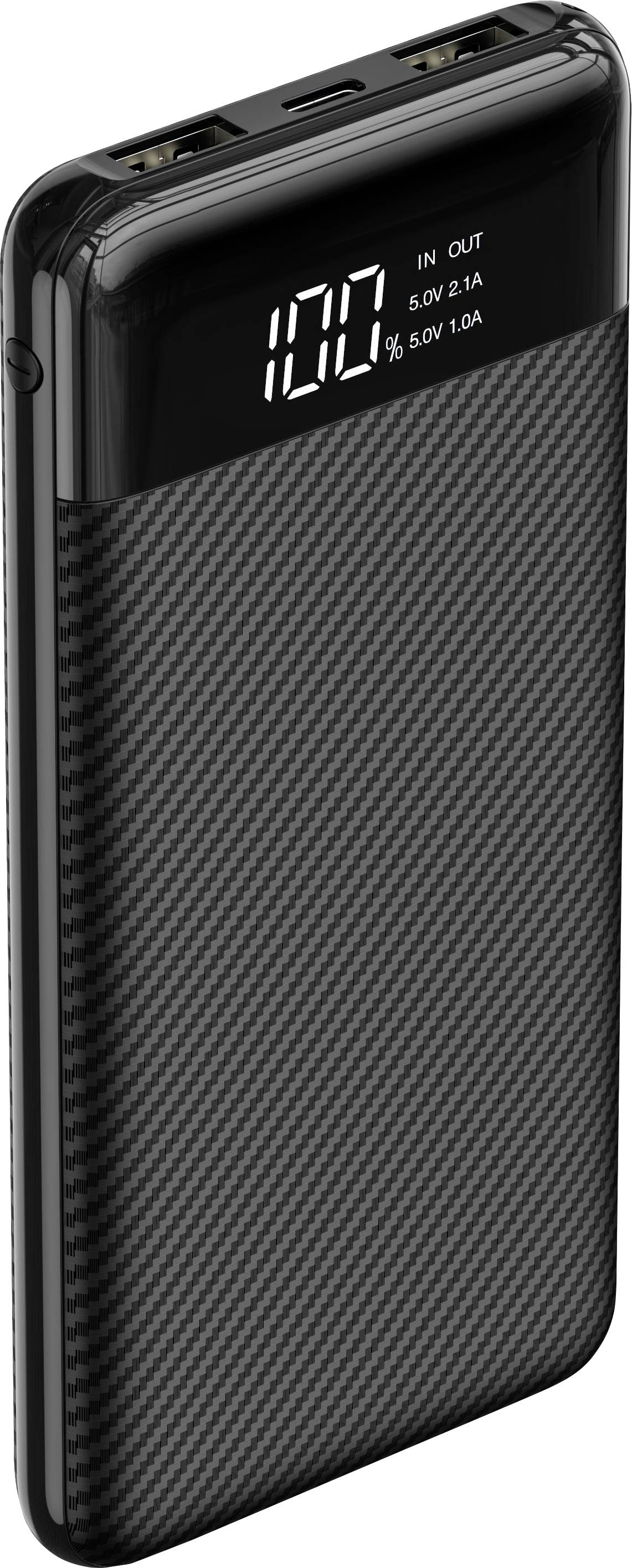 A portable power bank with a digital display showing '100%' charge. It has two USB ports labeled 'IN' and 'OUT' with power ratings.