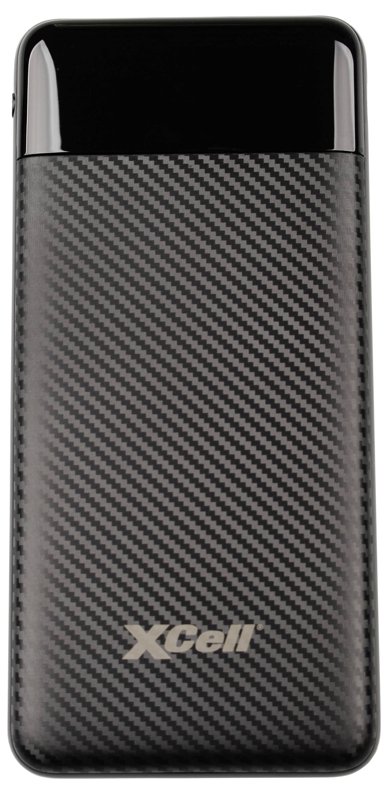 A portable power bank with a black carbon fiber design and the 'XCell' logo at the bottom.