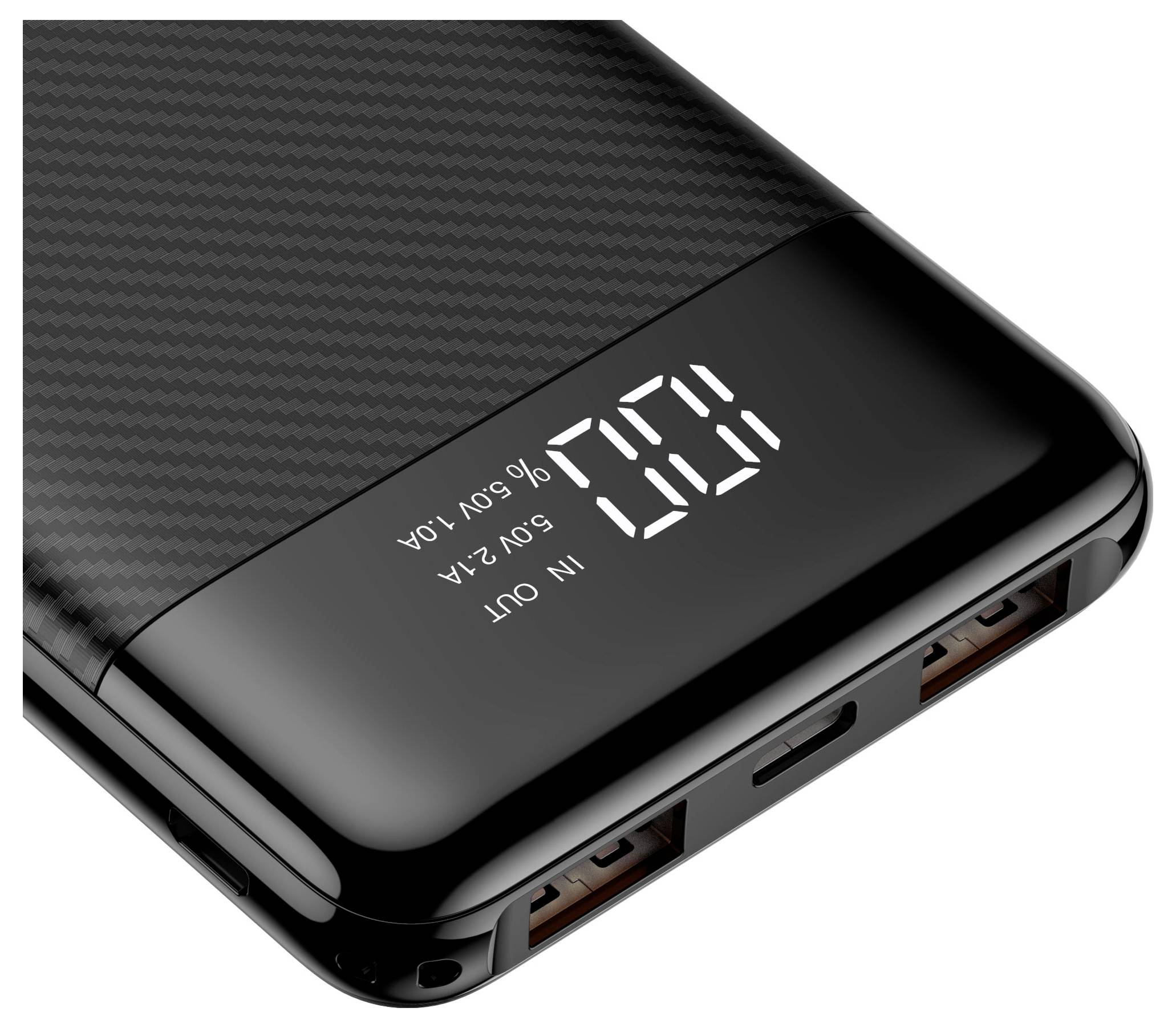 A portable power bank with a digital display showing '100%' charge and two USB output ports, designed with a black carbon fiber pattern.