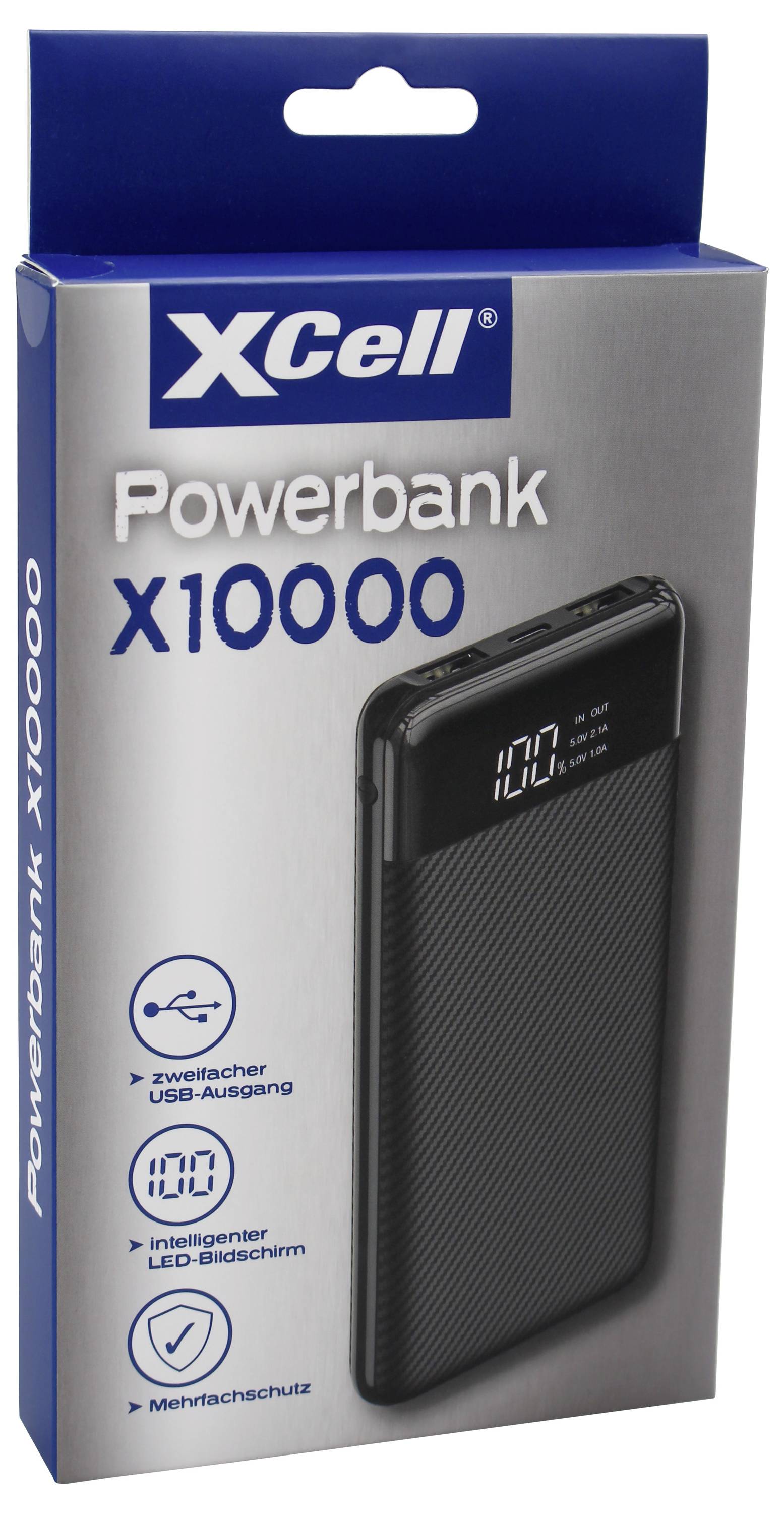 'XCell Powerbank X10000' packaging with features: dual USB output, LED screen, multifunctional protection, capacity of 10000mAh.