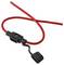 A red inline fuse holder with a protective cap, used for housing fuses in electrical circuits to prevent overcurrent issues.