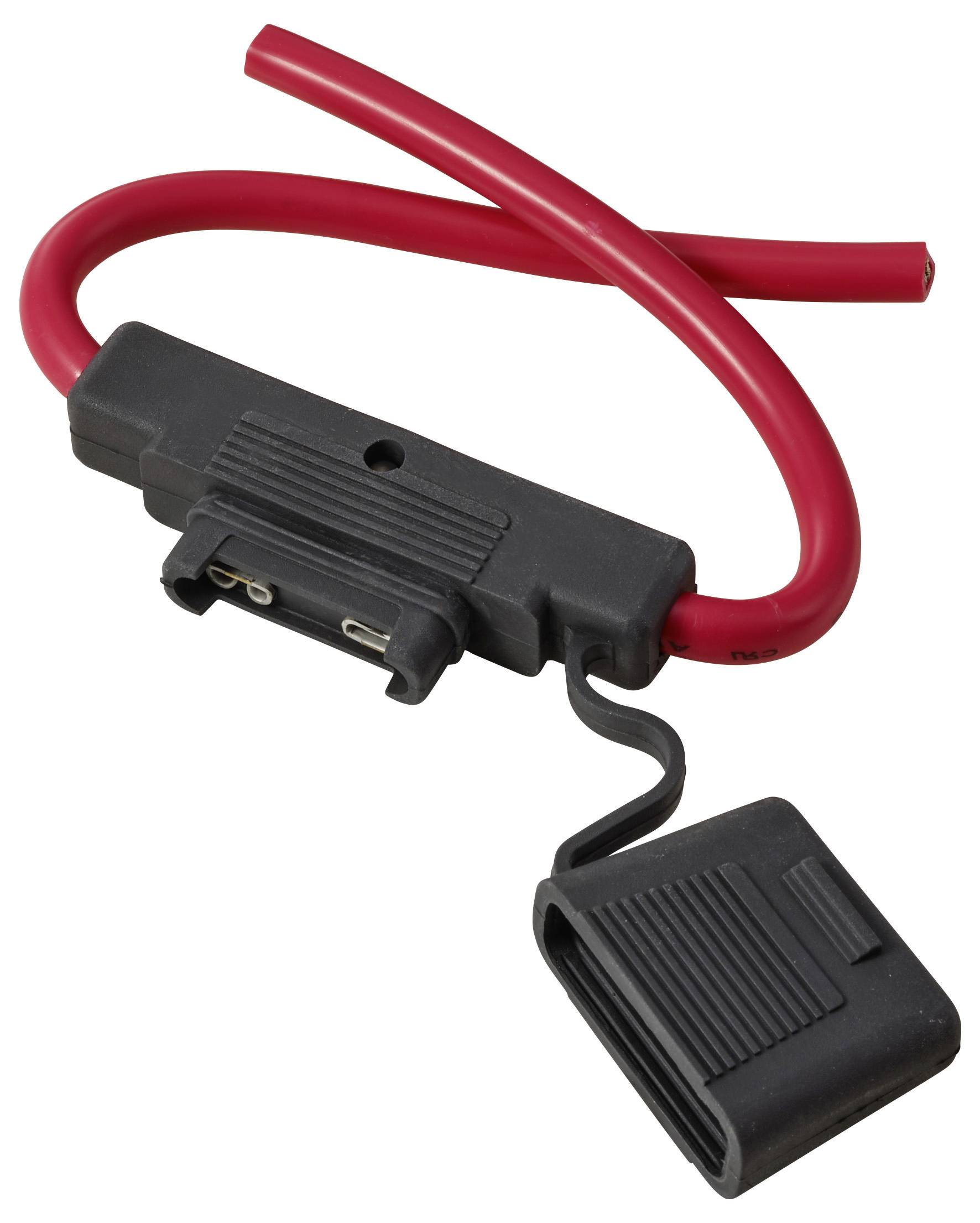 A red inline fuse holder with a closed cap and two protruding wires, used for protecting electrical circuits.
