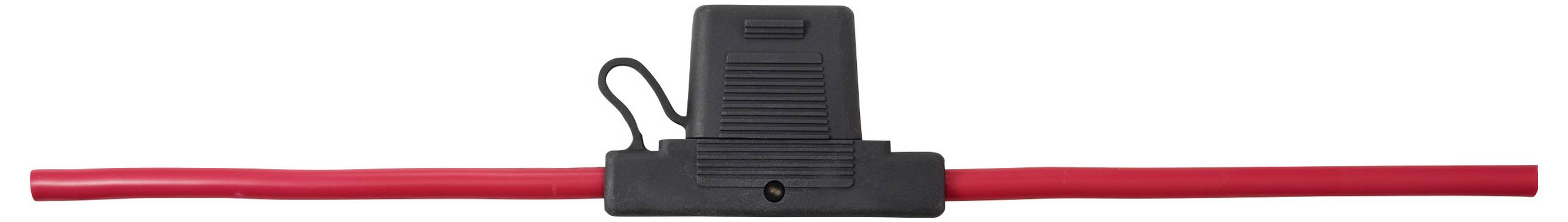 A blade fuse holder with a black cover is attached to a red wire, suitable for automotive or electrical use.