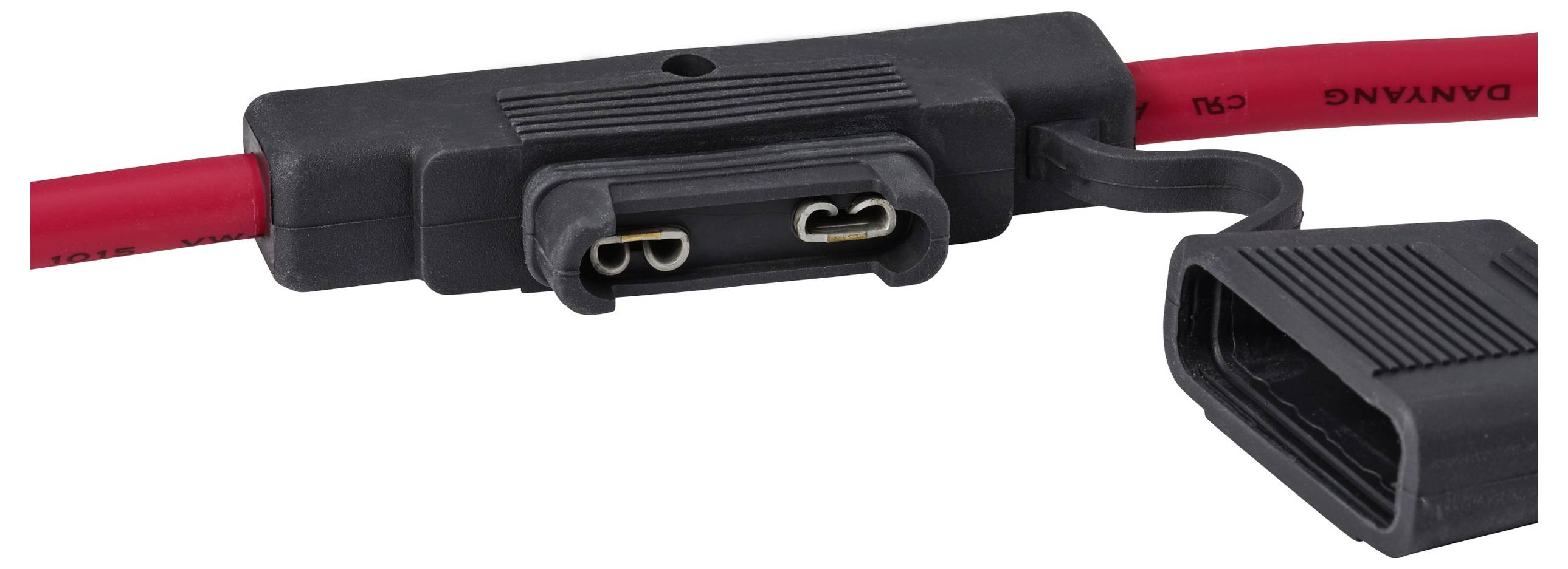 A close-up of a red cable with a black, two-pin connector.