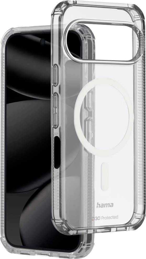A transparent phone case with protective edges, designed for a specific smartphone model, featuring a circular element on the back.