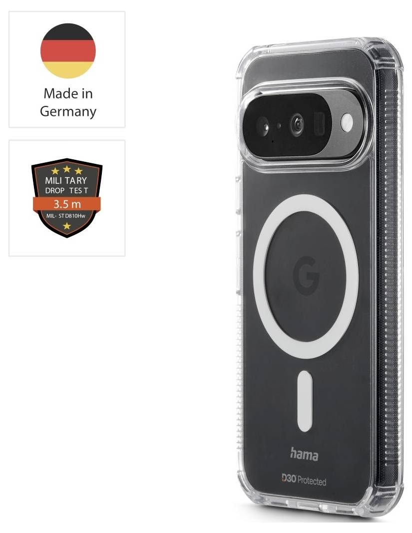 'A smartphone case with a rugged design. It features a label saying 'Made in Germany' and a badge indicating a military drop test of 3 meters.'