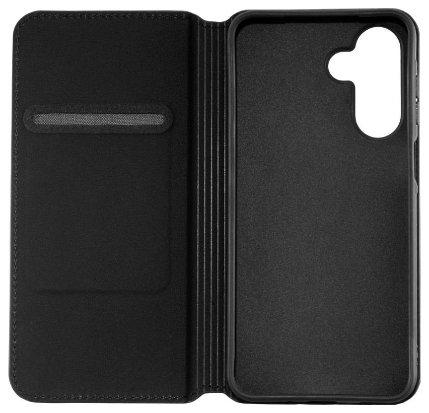 A black phone case with a flip cover, featuring a card slot on the left inside panel and a phone holder on the right.