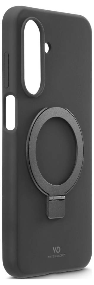 A black phone case with an integrated ring holder and a vertical camera cutout, designed for easy carrying and stability.