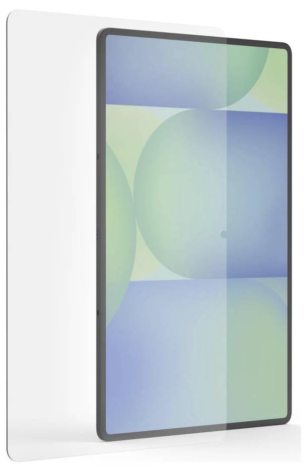 Clear screen protector next to a tablet with a colorful, abstract design on the display.