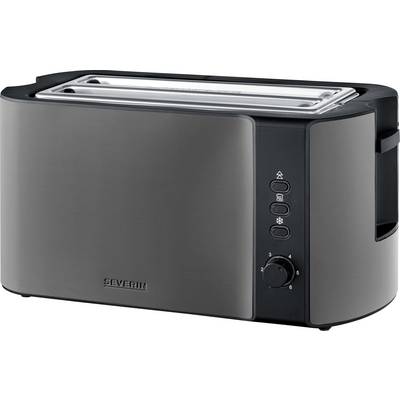 A sleek, stainless steel toaster with buttons for settings, browning controls, and a brand logo on the lower left corner.