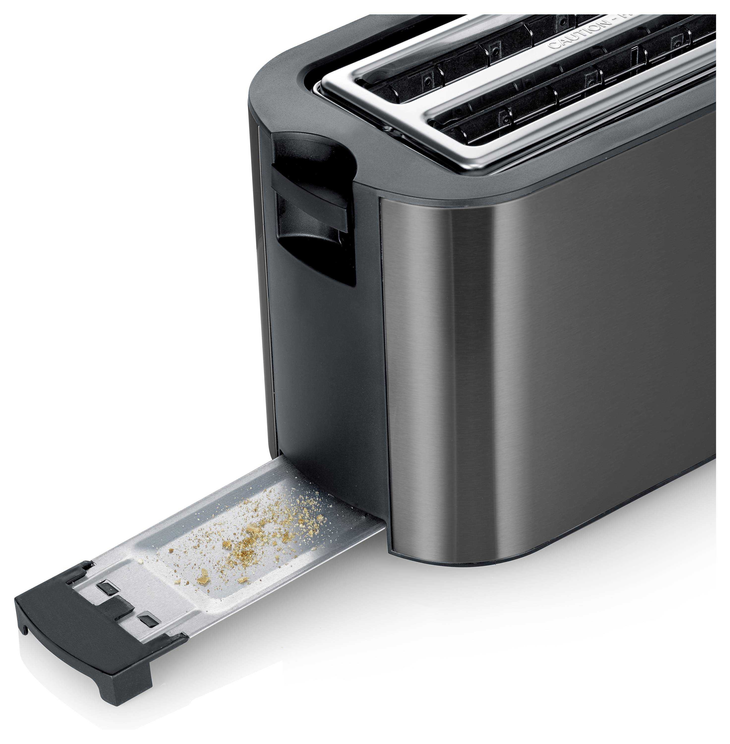 A black toaster with a removable crumb tray partially pulled out, showing collected breadcrumbs.