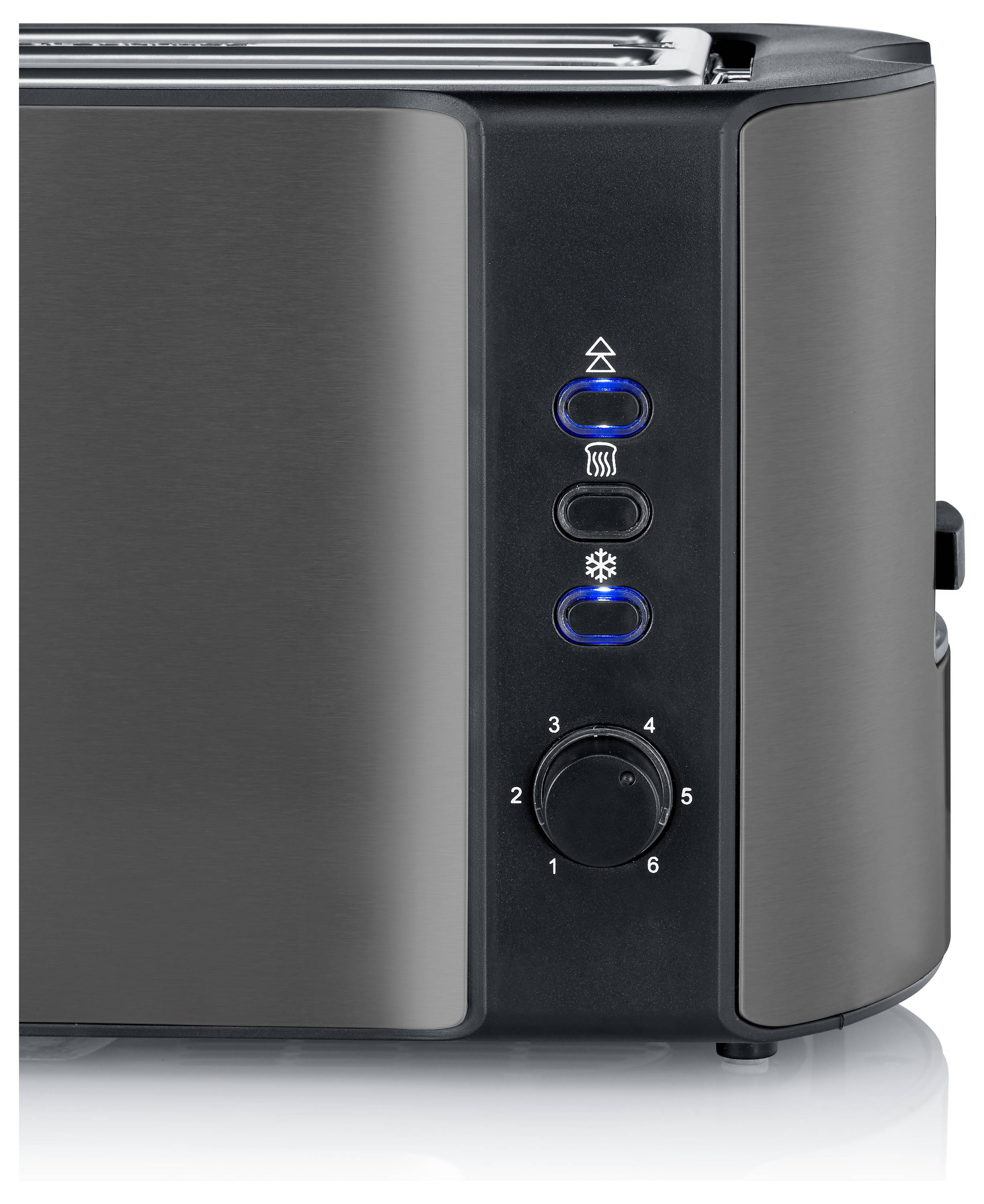 A black toaster with three blue-lit buttons for reheating, defrosting, and cancel functions, and a dial for adjusting toast level from 1 to 6.