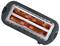 Rectangular electric heater with glowing red heating elements behind a protective grill; labeled with 'Caution: Hot Surface'.