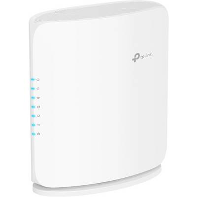 A white TP-Link router with blue indicator lights on the side, indicating power and connectivity status.