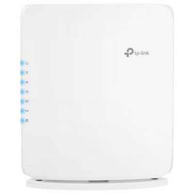 A white TP-Link Wi-Fi router with indicator lights on the left side, showing power, internet, and wireless connectivity status.