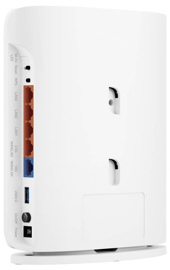 A white wireless router with four Ethernet ports, USB port, and power input on the side. The router has a sleek, standing design.