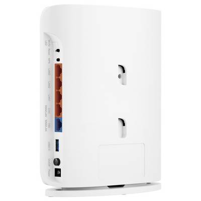 A white wireless router with four Ethernet ports, USB port, and power input on the side. The router has a sleek, standing design.