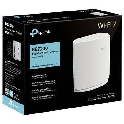 'TP-Link BE7200 Dual-Band Wi-Fi 7 Router' box showing the device, features like superfast speeds, Wi-Fi 7, and multi-link operation.