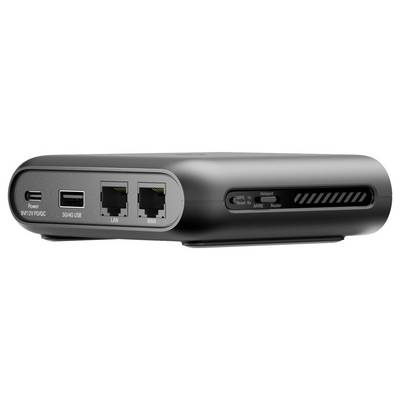 A compact black router with USB-C, USB, LAN, and WAN ports on the back. The side features buttons for reset and mode selection.