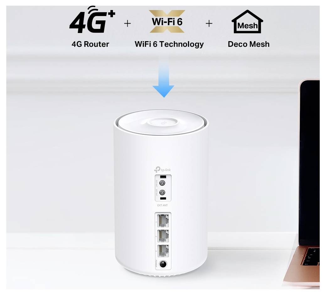 'A white cylindrical 4G router with Wi-Fi 6 technology sits on a table. Features include Deco Mesh, three LAN ports, and one power input.'