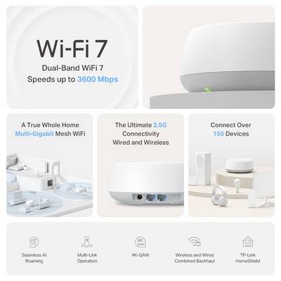 A graphic advertising 'Wi-Fi 7: Dual-Band WiFi 7 Speeds up to 3600 Mbps'. Features include multi-gigabit mesh, 2.5G connectivity, and support for over 150 devices.