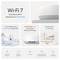 A graphic advertising 'Wi-Fi 7: Dual-Band WiFi 7 Speeds up to 3600 Mbps'. Features include multi-gigabit mesh, 2.5G connectivity, and support for over 150 devices.