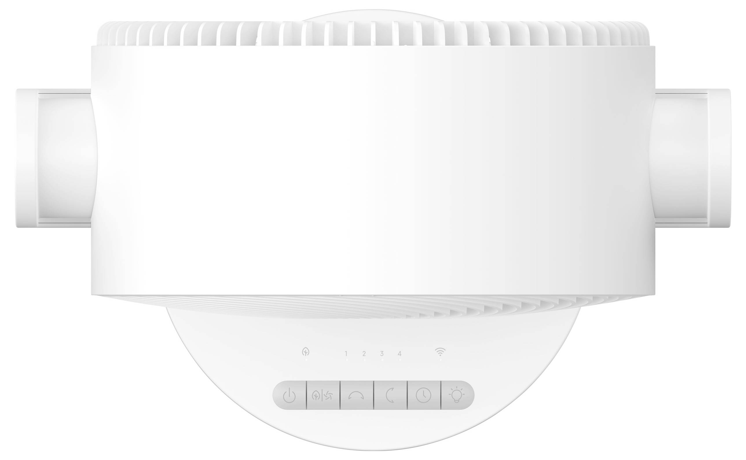 A white circular electronic device with vents on top and buttons labeled 1-4, power, fan, and Wi-Fi symbols on the front panel.
