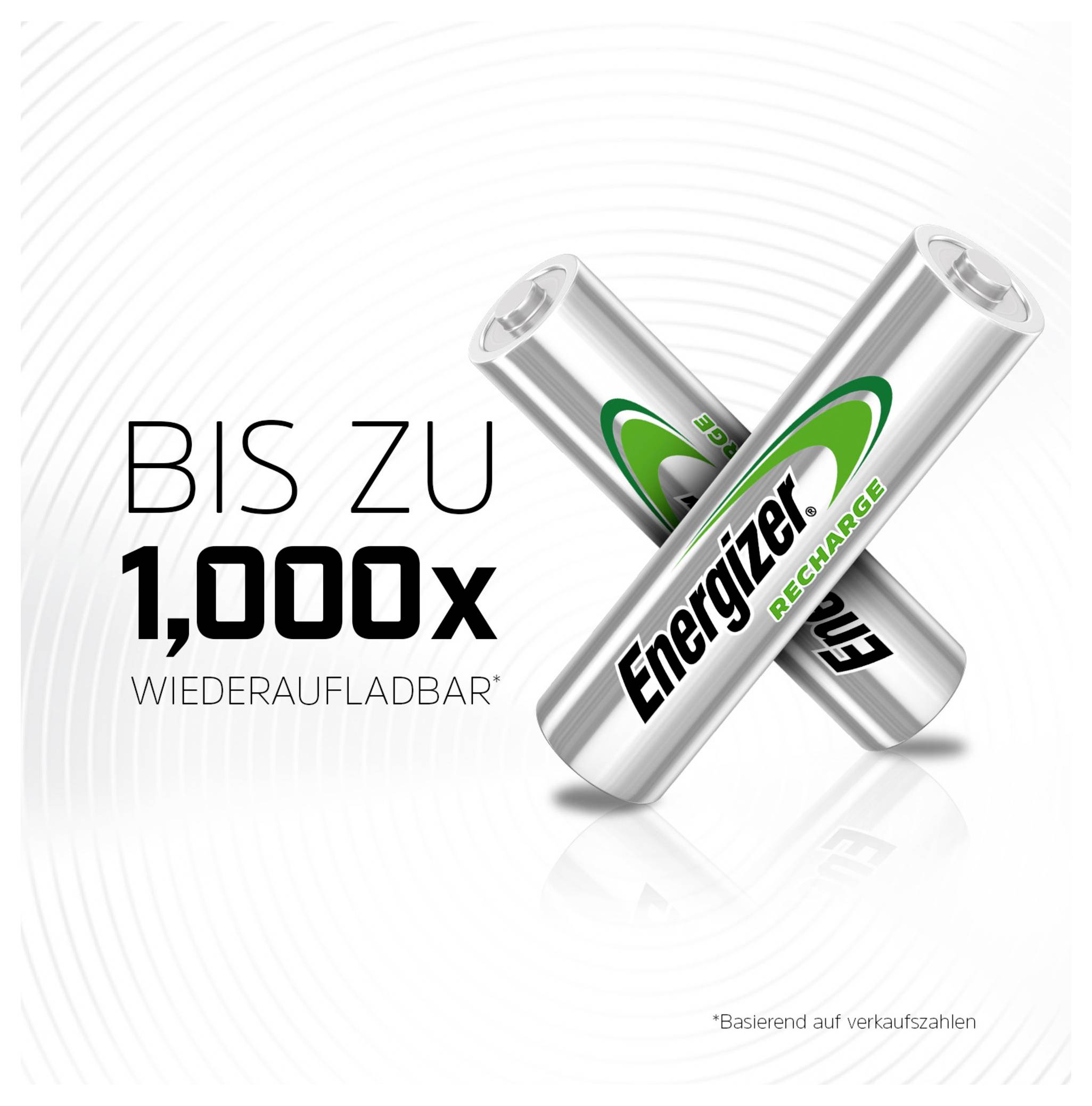 Two rechargeable batteries by Energizer with the inscription 'Up to 1,000x rechargeable'.