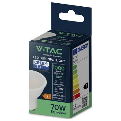 Packaging for a V-TAC LED GU10 Spotlight. Features include: 1000 lumens, 4000K white, 10W power, 100-degree beam angle, energy class F.