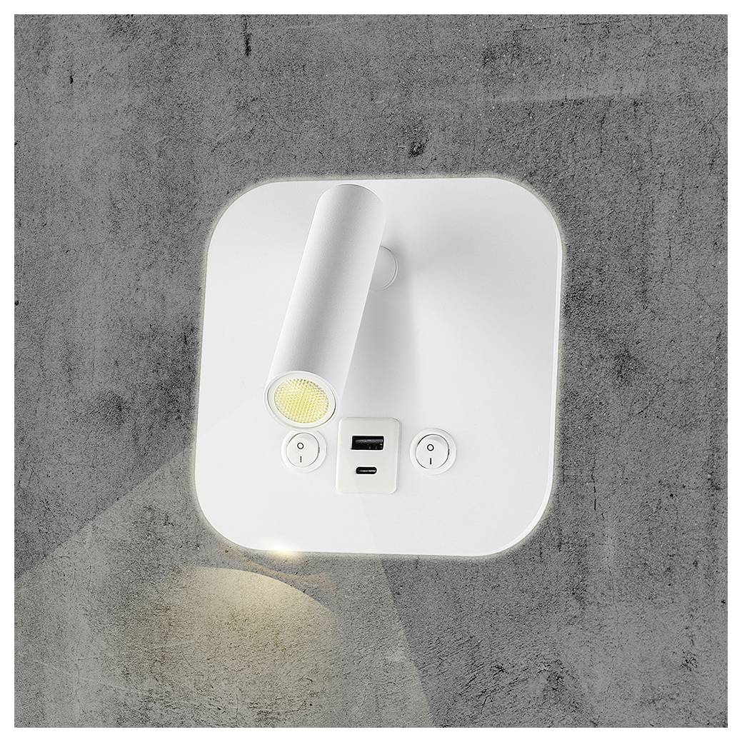 'A white, wall-mounted LED reading light with an adjustable cylindrical head, projecting light downward, features USB ports beneath.'