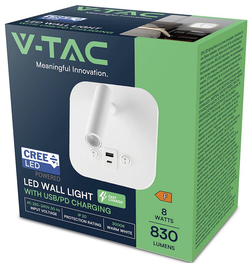 Box containing a V-TAC LED wall light with USB/PD charging. Features Cree LED, 830 lumens, 8 watts, F energy rating, 3000K warm white.