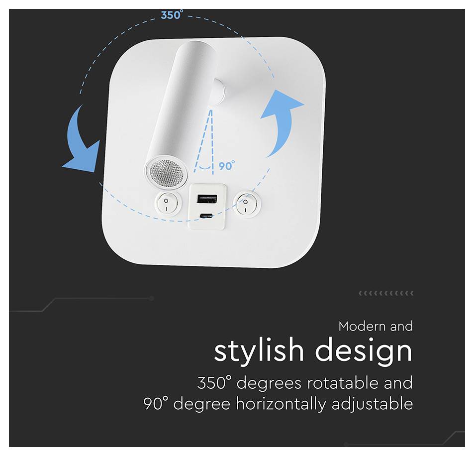 'Stylish design: 350° rotatable and 90° adjustable lighting fixture with USB port and controls, highlighting modern functionality.'