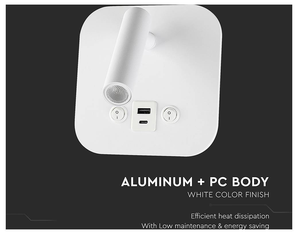 A square white light fixture with an adjustable cylindrical light, USB port, and switch. Text below reads 'ALUMINUM + PC BODY' and features describe its efficiency and energy savings.
