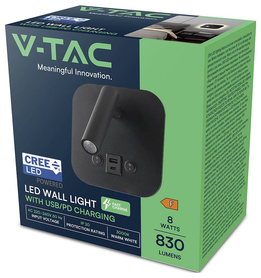 Box for a V-TAC LED wall light with USB/PD charging. Features include Cree LED, 3000K warm white light, 8 watts, and 830 lumens.