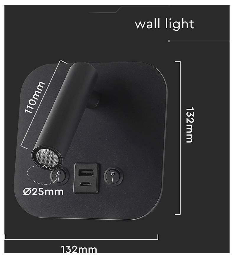 Square black wall light with dimensions: 132mm by 132mm; arm length 110mm and diameter 25mm. Features include two USB ports and a switch.