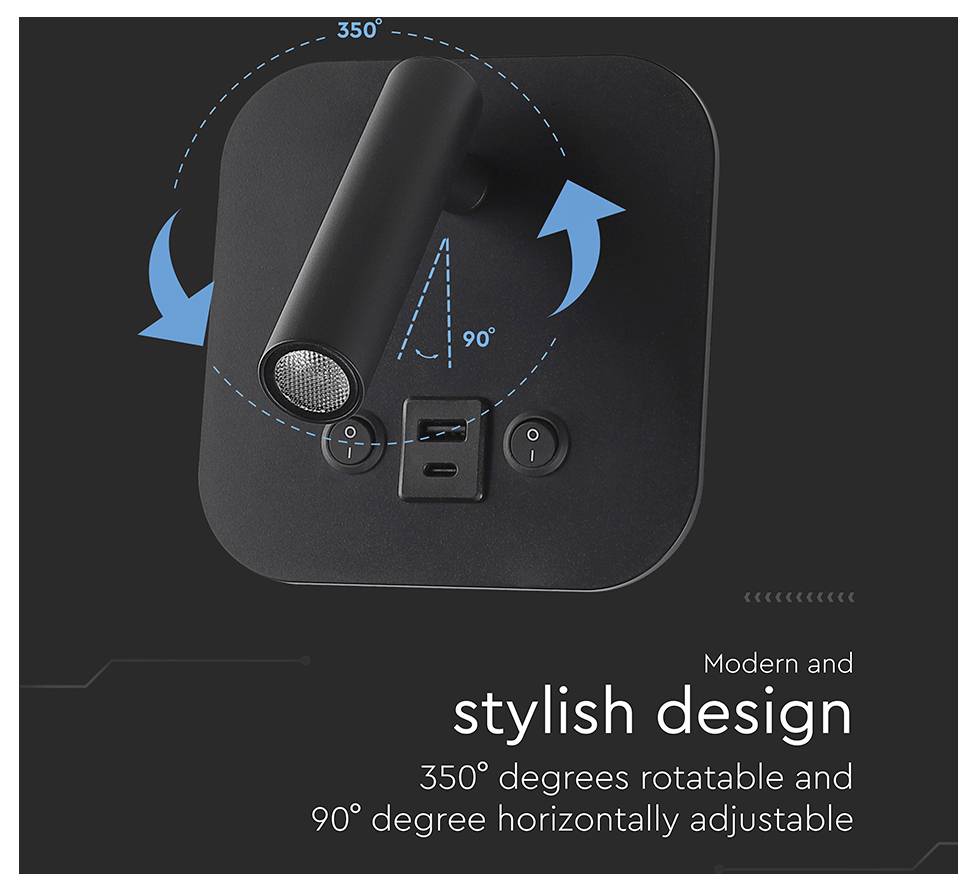 Rotatable and adjustable modern wall light fixture showing motion arrows for 350-degree rotation and 90-degree horizontal tilt.