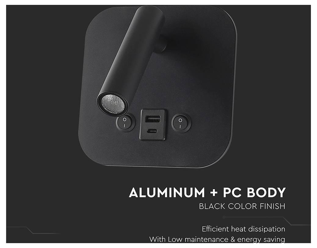 'Aluminum + PC body, black color finish' text over image of a black LED light fixture with USB ports on a black background.