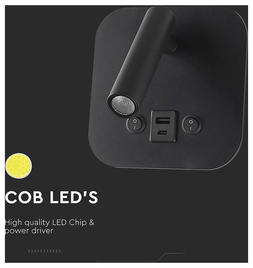Black LED reading light with a cylindrical arm, two USB ports, and power buttons. Text: 'COB LED's - High quality LED Chip & power driver.'