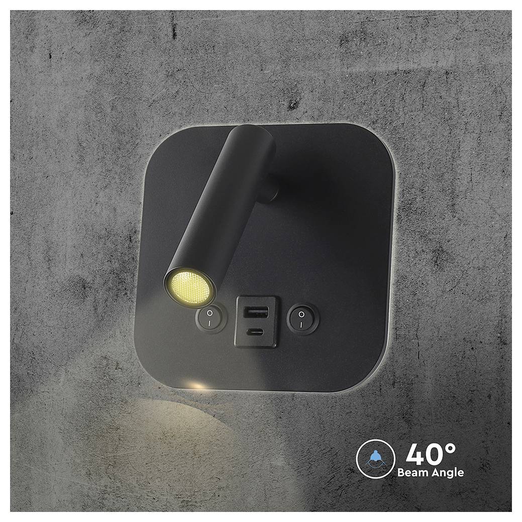 A black wall-mounted light fixture with a cylindrical adjustable head, USB ports, and power buttons. '40° Beam Angle' is indicated.