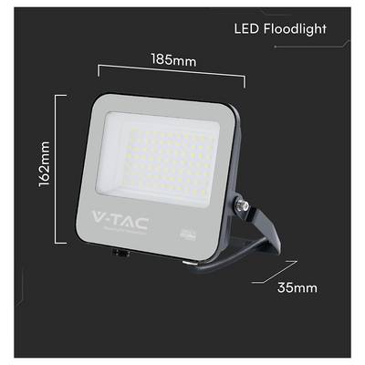 LED floodlight with dimensions labeled: 185mm width, 162mm height, and 35mm depth. Brand markings visible on the front.