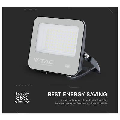 LED floodlight on a stand, labeled 'V-TAC'. Text: 'Best Energy Saving', 'Save up to 85% Energy', promoting efficiency over traditional lights.