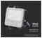 'V-TAC LED floodlight with IP65 rating, water splashes shown. Text reads: IP65 Rating, Water & Dust Resistant, airtight performance.'