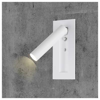 A white, wall-mounted reading light angled downwards against a gray concrete wall, emitting a warm glow onto the surface.