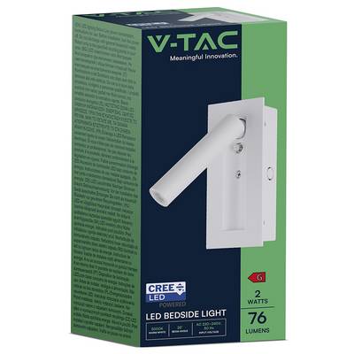 'V-TAC' LED bedside light box, featuring a white, angled light fixture. Key details include 2 watts power and 76 lumens brightness.