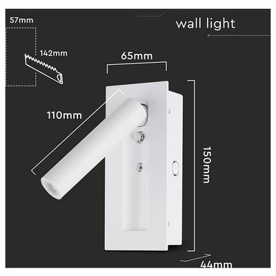 White wall light with dimensions: base is 150mm tall and 65mm wide, cylindrical arm is 110mm long, inset design shows saw blade detail.