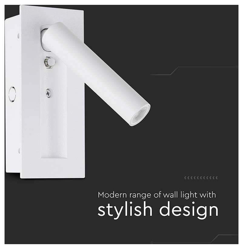 White wall light fixture with a sleek, modern design; labeled 'Modern range of wall light with stylish design' on a dark background.