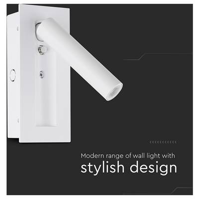 White wall light fixture with a sleek, modern design; labeled 'Modern range of wall light with stylish design' on a dark background.